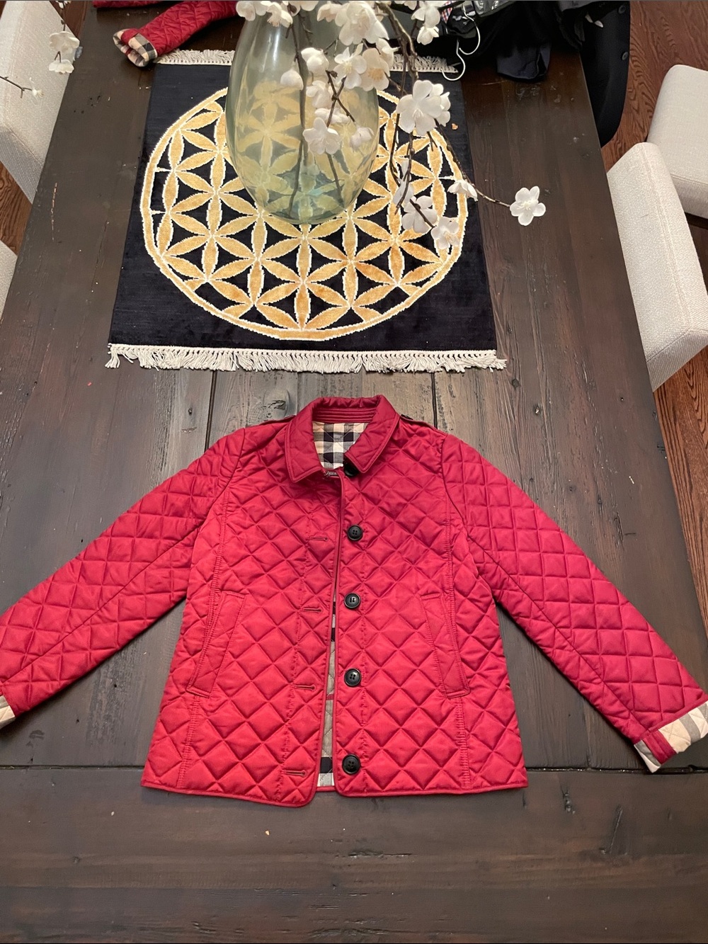 Burberry Kids Red Quilted Puffer Jacket with Check Trim
